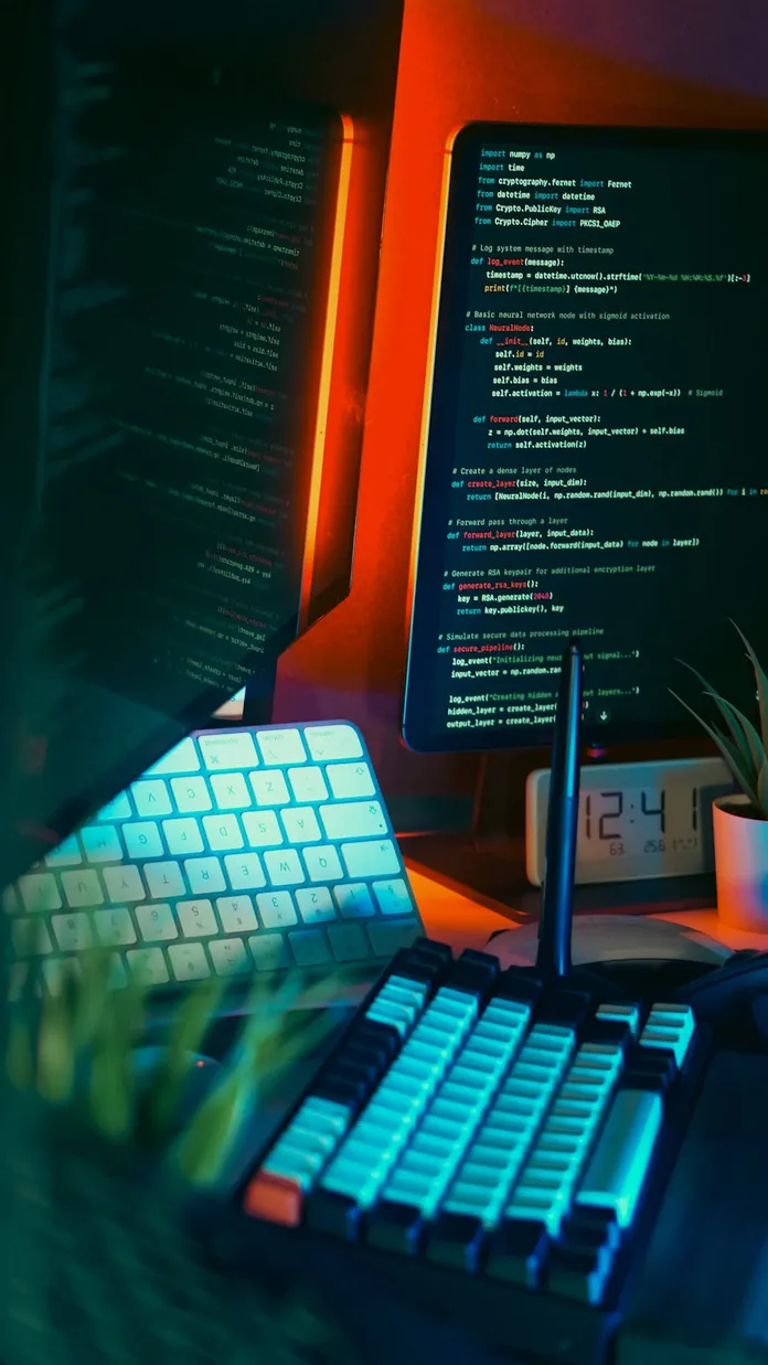 Programador trabajando en múltiples pantallas con código